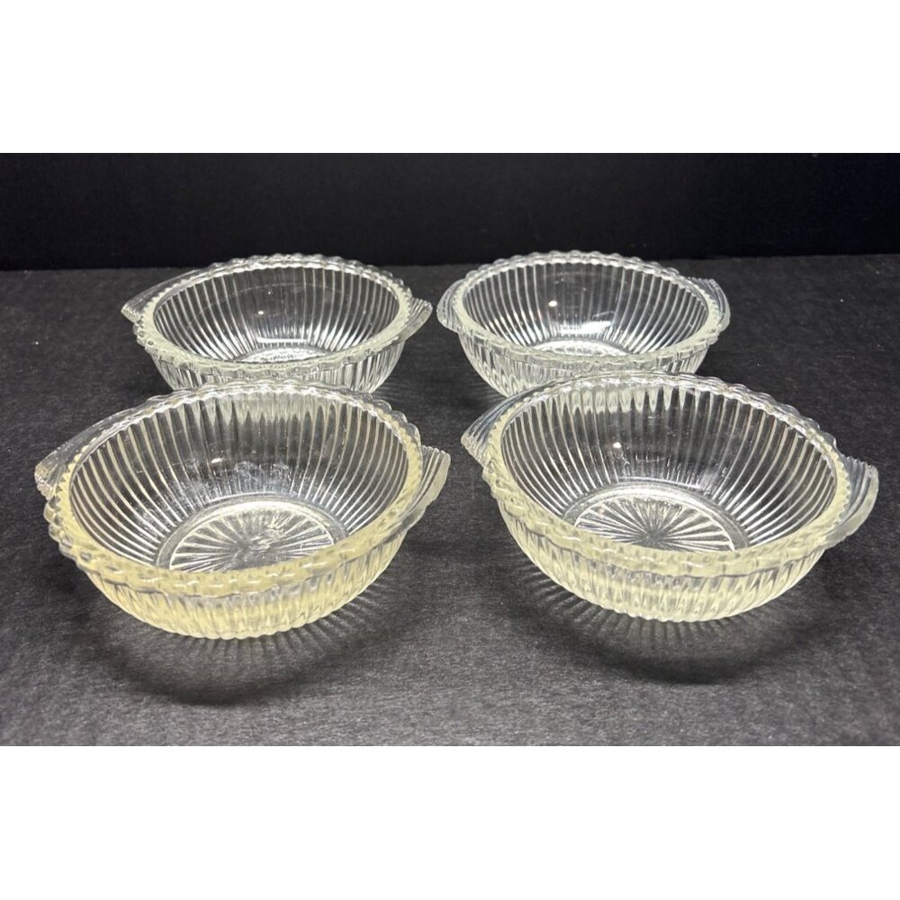 Vintage Fruit Berry Bowls with Handle Pressed Glass Ribbed Pattern - Set Of 4